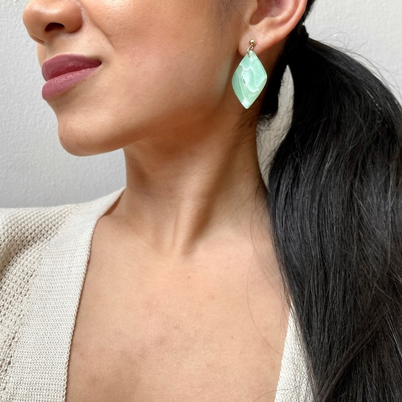 Handmade Modern Clay Earrings | Green & Blue | 14K Gold Plated Stainless Steel - Picture 2 of 4